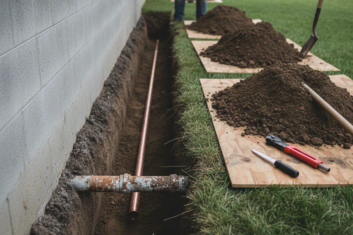 Excavated water line trench during Water Heater Repair in Dunbar